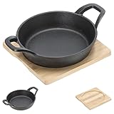 Cepewa Servierpfanne 2er Set rund | 15x6x22,5cm Eisen Bambus | Servierpfännchen mit zwei Seitengriffen auf Bambusbrett (1 x 2er Set Servierpfanne rund 15x6x22,5cm)