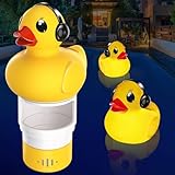 KingSom Dosierschwimmer Pool Groß, Enten Chlorschwimmer für Pool, Solar Chlor Dosierschwimmer mit LED Licht, Pool Chlor Dosierer con Einstellbarem Durchfluss,Leichtes Öffnen Schwimmender für Whirlpool