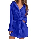 Damen-Bademantel aus Fleece, ohne Kapuze, leicht, kurz, mit Taschen und Gürtel, Morgenmantel, Morgenmantel, Morgenmantel, warme und gemütliche Loungewear, Nachtwäsche, blau, S