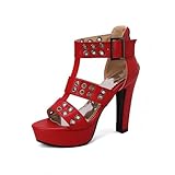 Veelau Meieer Damen Sandalen Plateau Blockabsatz Sandaletten Riemchen High Heels Schaftsandalen mit Ösen Rot 44 EU