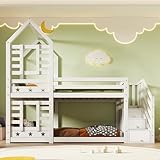 Lubvtti Hochbett 90x200 cm, Kinderbett Baumhaus mit Schubladen und Rausfallschutz, 2 Lattenroste, weiß (Matratze nicht enthalten)