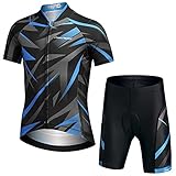 L PATTERN Kinder Radsport Bekleidung Jungen Fahrrad Trikot Set Mädchen Radtrikot Radhose mit Sitzpolster Atmungsaktiv Anzug Shirt Kurzarm+Kurz Fahrradhose, Blau+Schwarz+Grau, 130