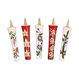 IPPINKA Japanische E-Rosoku Kerzen, 5er Set - 100% organisches pflanzliches Haze Wachs, handgemalte Blumenmotive, tropffrei, rauchfrei, handgefertigt in Japan