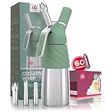 ISI Creative Whip Premium Sahnespender 500ml, Wave Green, aus Edelstahl, inkl. 3 Edelstahltüllen & 60 Sahnekapseln Sahnespender für Sahne, Dessert & Herzhaftes, Spülmaschinenfest