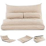 COSTWAY Klappbares Bodensofa, 3 in 1 Schlafsofa mit Schlaffunktion und Verstellbarer Rückenlehne, Sofabett mit 2 Lendenkissen, Klappsofa Schlafsessel für Wohnzimmer & Schlafzimmer (Beige)