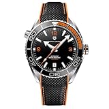 Pagani Design Herrenuhr Automatik NH35 Mechanische Uhr Keramiklünette Edelstahl 100m wasserdicht Tauchen Sportarmband Datum Leuchtend Luxusuhr Kautschukarmband（Klebeband Schwarz Orange）