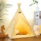 LIONHERZ® DAS ORIGINAL Tipi Zelt für Kinder aus 100% Baumwolle mit Federdeko, Kuschelmatte, Stabilisator, Tragetasche [Stabil] Tippi Kinderzelt Teepee Spielzelt (Cremeweiß)