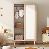 REXO Kleiderstange Schiebetürenschrank 80×46×141,5cm, Kinderkleiderschrank, Spanplattenmaterial, Vollholz-Standfüße, weiß+natürliches Holz