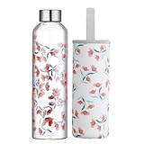 Autsel 1 liter Glasflasche Trinkflasche Glas Sport Borosilikat Glass Bottle Wasser Flasche mit Neopren-Hülle mit Auslaufsichere Abdeckung