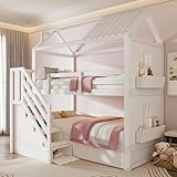 SUKY Kinder-Etagenbett, 90 x 200cm, Kiefer + MDF, Weiß, Multifunktionales Kinderbett, mit Stauraumtreppe & Schubladen & Regalen, Extra großer Stauraum, Ohne Matratze
