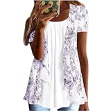 TURWXGSO Damen-Tunika, Rundhalsausschnitt, Blumendruck, kurzärmelig, Tuniken für Damen, Übergröße, langes Top, Swing-T-Shirt, lässig, locker, bequem, Blusen, Hemden, Sommer-Tops für Leggings, 03 lila,