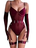 EVELIFE Damen Sexy Body Reizwäsche 3-teiliges Set – Verführerisches Spitzen-Mesh Bodysuit mit Strumpfhalter & Handschuhen, Elegantes Dessous Outfit für Frauen, Weinrot, 36
