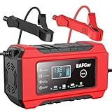 EAFCar 6A Autobatterie Ladegerät,12V Lithiumbatterien und Blei-Säure-Batterien Smart vollautomatische KFZ Batterieladegerät mit LCD-Bildschirm für Auto LKW Motorrad Rasenmäher Boot Marine Batterien