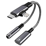 2 in 1 Lightning & USB C auf 3.5mm Kopfhörer Klinke Adapter und Laden - Unterstützung Anrufe, 60W Schnellladung, Typ C 3,5mm Aux Kopfhörer Adapter für iPhone 16 15 14 13 Android iPad Tablette Laptop