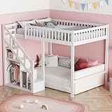 PerGar Kinderbett Etagenbett 90x200 mit Treppe, Hochbett für 2 Kinder, Multifunktionsbett Stockbett Spielbett, Stockbett Kinderhochbett Jugendhochbett, Ohne Matratze, Weiß