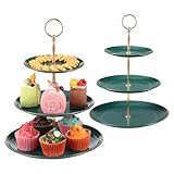 TsunNee 2 Stück 3-stöckiger Kuchenständer Cupcake-Halter, Obst Kekse Süßigkeiten Servierplatte, Gebäck gestuftes Serviertablett für Weihnachten Hochzeit Geburtstag Babyparty (Dunkelgrün, 25 x 32 cm)