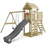 WICKEY Spielturm Klettergerüst MultiFlyer mit Holzdach, Schaukel & anthraziter Rutsche, Outdoor Kinder Kletterturm mit Sandkasten, Leiter & Spiel-Zubehör für den Garten