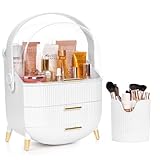 Winter Shore White Makeup Storage Organiser with Brush Jar - Organizer Schminke aus Kunststoff mit 3 Ebenen, Drehbarem Griff & Durchsichtigem Deckel - Wasser- & Staubdichte Kosmetik Aufbewahrung