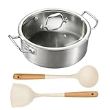 Edelstahl Schmorpfanne, 28cm Unbeschichtet Induktion Schmortopf mit Deckel & Suppenlöffel & Spatel, Hoher Rand Dreilagige Hohe Temperaturbeständigkeit Servierpfanne für Gas-Kochfelder, Double Ear 5l