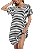 ENJOYNIGHT Nachthemd Damen Kurzarm Schlafshirt Streifen Nachtkleid Kurz Sleepshirt Nachtwäsche mit Taschen (Small,Schwarz+weiß)