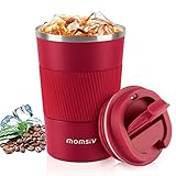 MOMSIV Thermobecher,Kaffeebecher Thermo mit Auslaufsicherem Deckel,Thermobecher- Isolierbecher,Edelstahl Travel Mug, Kaffeebecher to go für heißes und kaltes Wasser Kaffee Tee (380ML, Rot)