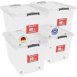 ATHLON TOOLS 4x 60 L Aufbewahrungsboxen mit Deckel, lebensmittelecht - Verschlussclips - 100% Neumaterial Plastik-Box transparent - Kleiderboxen stapelbar…