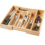 HSHa Ausziehbarer Besteckeinsatz aus Bambus für Schublade | 6-8 Fächer | Messer- und Utensilienhalter, 32-52 x 43 x 5cm