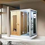 PureHaven finnische Sauna und Dampfdusche 170x120 cm mit Aluminiumrahmen komplettem Zubehör Tropenbrause Sitzfläche Radio Fußmassage Rückenmassage Weiß