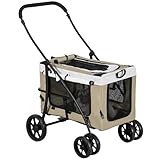 PawHut 2 in 1 Hundewagen Hundebuggy klappbar für Hunde & Katzen bis 10 kg Katzenbuggy mit Kissen Netzfenstern Türen Aufbewahrungskorb Katzenwagen Buggy Khaki