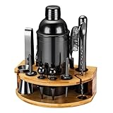 Cocktail Shaker Set, 12 Teiliges Edelstahl Bar Zubehör Cocktail Set, 750ML Shaker Cocktail Zubehör mit Ständer, Ideales Cocktail Maschine Barkeeper Set für die Hausbar (Schwarz)