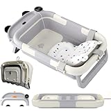 XMTECH Baby Badewanne Faltbare mit Thermometer, Faltbare Babybadewanne, Rutschfeste Tragbare Faltbadewanne mit Badematte, für Neugeborene Kleinkinder 0-24 Monate, mit Ziffern-Anzeige, Grau