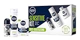 NIVEA Men Sensitive Kit, Geschenkset für Herren mit Rasierschaum 200 ml, After Shave Balsam 100 ml und Deo Roll-On 50 ml, Skincare Set für Herren empfindliche Haut mit gratis Tasche