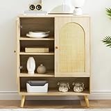 Anrichte Sideboard, 4 Etagen Küchenschrank mit 2 Rattan Türen, Offenem Fach& Verstellbare Ablagen Buffetschrank Aufbewahrungsschrank Highboard Holz Kaffeebarschrank Kommode, 82x 100x 40 cm Eiche