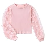 Freshhoodies Mädchen Rosa T Shirt Rundhals Langarm T-Shirt Casual Baumwolle Fest Schmetterling Tee Top Tshirt, 8-9 Jahre