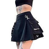 Loalirando Damen Faltenrock Reißverschluss A-Linie Rock mit Taschen Kurz GothicHöhe Taille Minirock Streetwear (Schwarz, L)