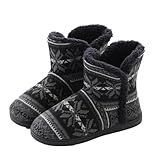 XINCHIUK Winter Hausschuhe Damen Herren Plüsch Stiefel Hüttenschuhe Flacheschuhe Hohe Gefüttert Wärmepantoffeln Slipper Schwarz Grau 46 EU