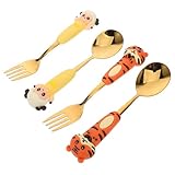 Holibanna 4 Stück Teiliges Kinderbesteck Set mit Süßem Tier Design Löffel und für Kuchen Snack Eis Joghurt und Dessert Robustes Cartoon Essgeschirr