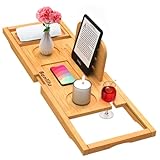 Bambus Badewannenablage Ausziehbar | Badewannenbrett | Badewannen Ablagen, mit Buchstütze, Glashalter
