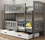 Interbeds Etagenbett Hochbett Stockbett Holzbett Kiefernholz Kinderbett Jugenbett mit Lattenrost und Rausfallschutz (grau + weiß, 200x90)