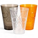MIJOMA Trinkbecher 3er Set Skull Design 550ml – Kunststoff Partybecher in 3 Farben – Halloween Becher Totenkopf Motiv wiederverwendbar robust