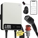 dé Typ 2 Wallbox 22kW mit APP und RFID, 6-32A 3-Phasen EV-Ladegerät 400V mit 5m Ladekabel und Kabelhalter für BEV/PHEV, RCD Typ-B & IP54-Schutz, effiziente Ladestation für Zuhause, weiß
