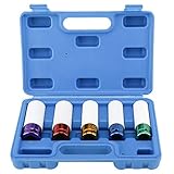 FreeTec 5tlg Kraft Schoneinsatz Set, 1/2' Alufelgen Schonnüsse Set, 15 17 19 21 22mm Steckschlüsselsatz Radmuttern, Schlagschrauber Reifenwechsel, Radwechsel Nuss Radschrauben Nüsse Set, 78mm Länge