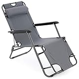 Nexos Liegestuhl Campingstuhl mit Liegefunktion Sonnenliege mit Kopfpolster Strandliege klappbar für Camping Freizeit Garten Strand grau Tragfähigkeit bis 100kg (Grau)