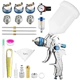 RRJ HVLP Lackierpistole Spritzpistole Kit mit 1,4/1,7/2,0mm, Profi Lackierpistole Druckluft Schwerkraft Sprühgeräte Farbpistole mit 600 ml Plastikbecher Mit Luftdruckregler (Blau)