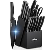 Messerblock Set,Yabano 14-teilig Küchenmesserset mit Integriertem Messerschärfer, Scharfes Schwarzes Messer Set, Spülmaschinengeeignet