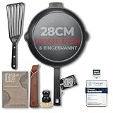 THOR® Gusseisenpfanne Induktion 28cm inkl. Zubehör - geschliffene Oberflächen I Bratpfanne Induktion, Gusseiserne Pfanne, Cast Iron Pan, Gusspfanne Grill, Eisenpfanne, Pfanne Gusseisen