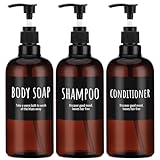 Segbeauty 500ml Shampooflasche Nachfüllbar, 3pcs 16.9oz Shampoospender mit Etikett, Leere Pumpflaschen für Körperseife Shampoo Conditioner Dusche, brauner Plastikpressespender