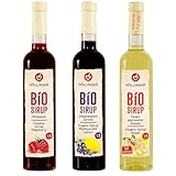 HÖLLINGER Bio Sirup Set, Himbeere, Johannisbeere-Zitrone, Ingwer, Vegane Getränkesirup ohne Konservierungsstoffe, 3 x 500ml Glasflaschen