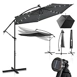 Juskys Ampelschirm Brazil 300 cm LED Beleuchtung Solar & Kurbel - UV-Schutz wasserabweisend knickbar - Hülle - Sonnenschirm Marktschirm - grau