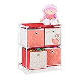 Relaxdays Kinderregal mit 4 Boxen, Spielzeug, Mädchen, Schwan-Design, Regal Kinderzimmer, HBT: 62 x 53 x 30 cm, weiß/rot
